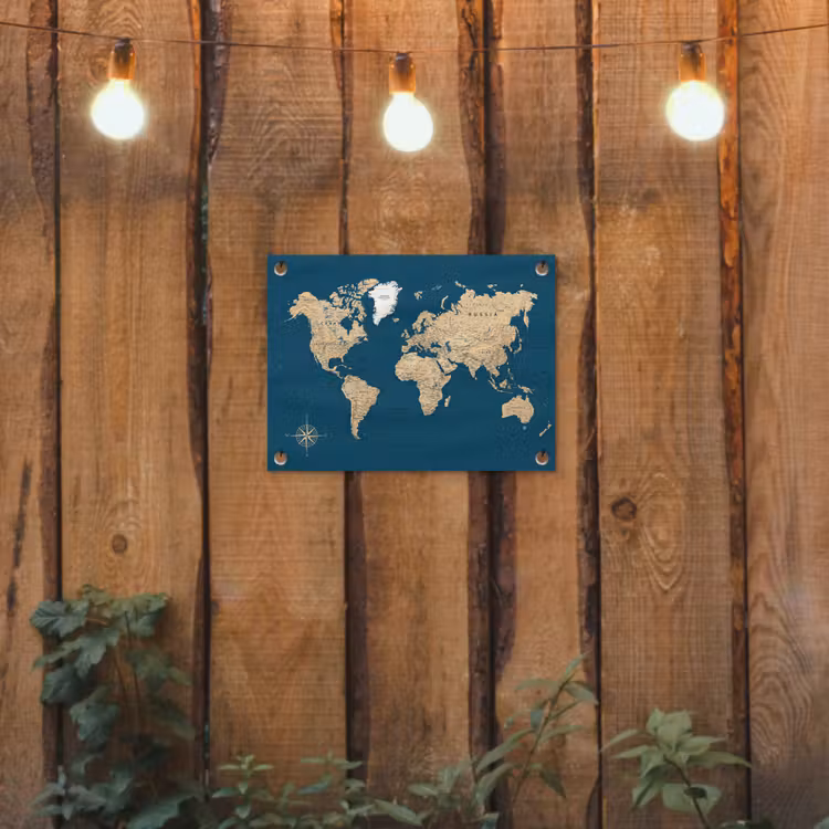 Wereldkaart - Donkerblauw - Beige tuinposter los doek klein -sfeer1