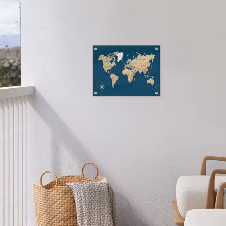 Wereldkaart - Donkerblauw - Beige tuinposter los doek klein -sfeer8