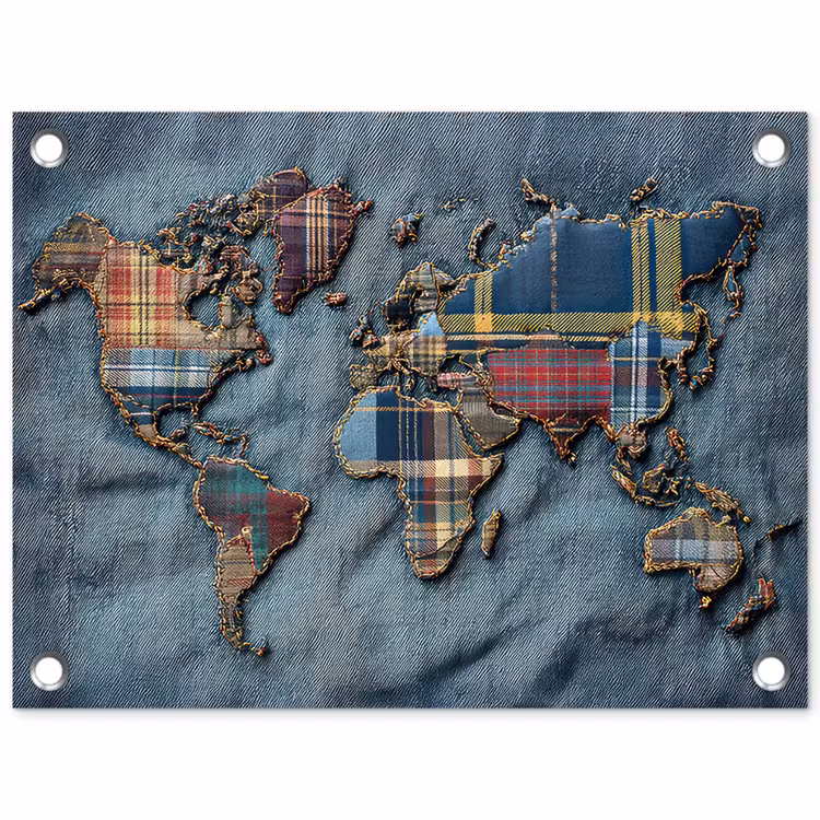Wereldkaart - Denim - Textiel tuinposter los doek klein -3d