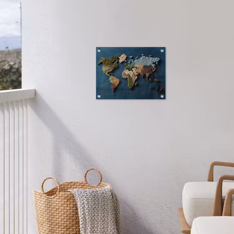 Wereldkaart - Geborduurd - Verschillende tinten tuinposter los doek klein -sfeer8