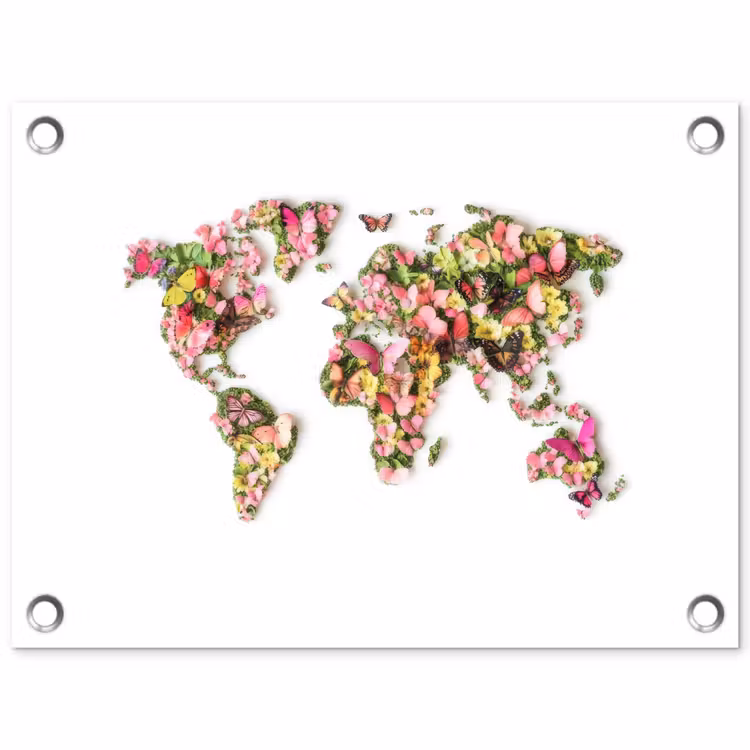 Wereldkaart - Bloemen - Felgekleurd tuinposter los doek klein -3d