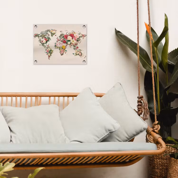 Wereldkaart - Bloemen - Roze tuinposter los doek klein -sfeer7