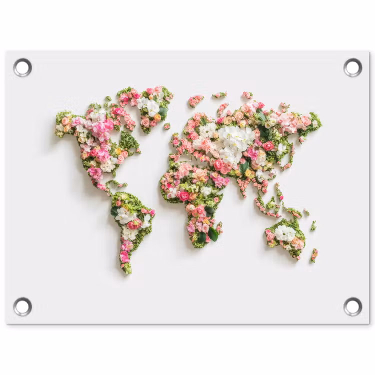 Wereldkaart - Bloemen - Subtiel tuinposter los doek klein -3d