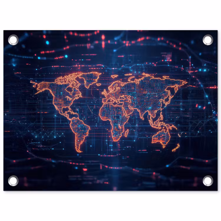 Wereldkaart - Futuristisch - Oranje tuinposter los doek klein -3d