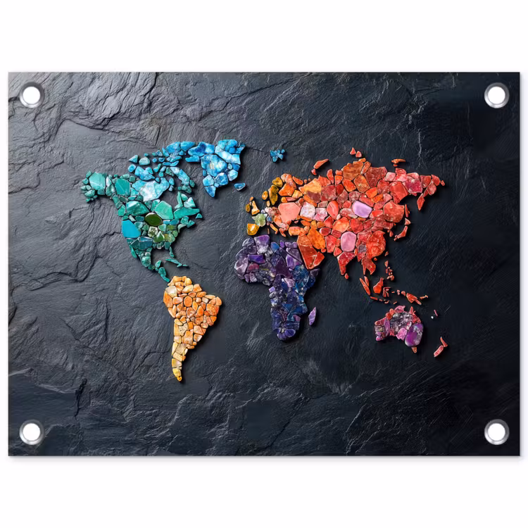 Wereldkaart - Edelstenen - Regenboog - Ruw tuinposter los doek klein -3d