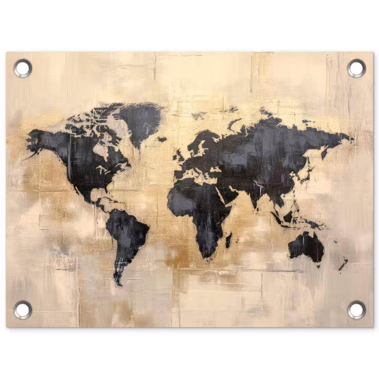 Wereldkaart - Goud - Zwart - Abstract tuinposter los doek klein -3d
