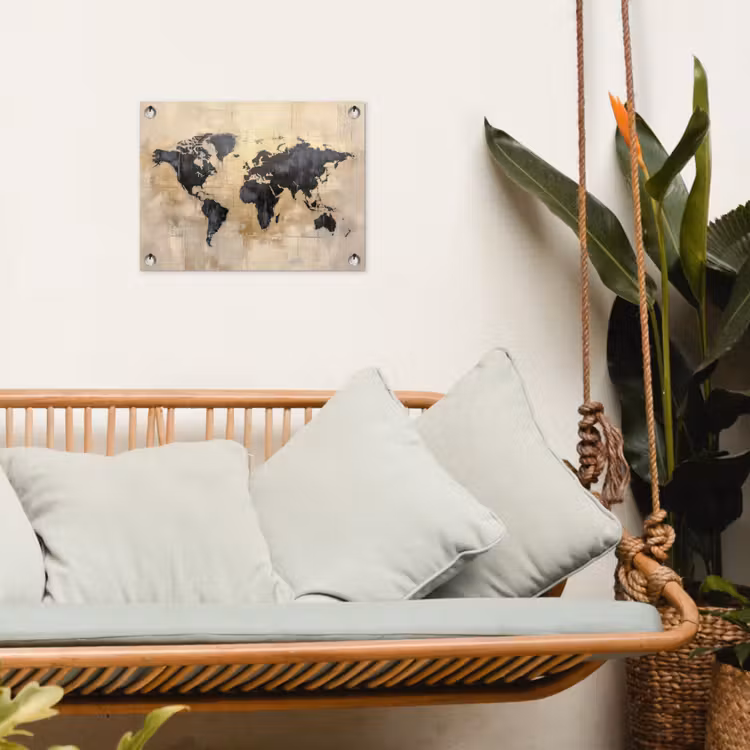 Wereldkaart - Goud - Zwart - Abstract tuinposter los doek klein -sfeer7