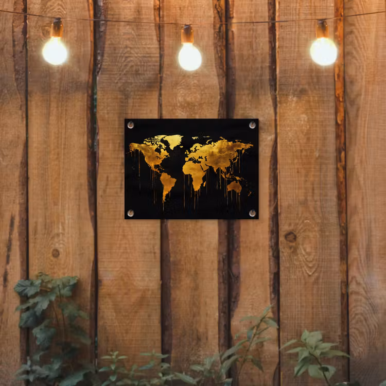 Wereldkaart - Goud - Druipen - Zwart tuinposter los doek klein -sfeer1