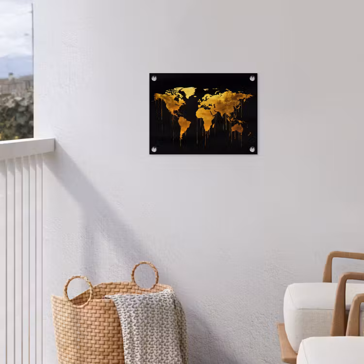 Wereldkaart - Goud - Druipen - Zwart tuinposter los doek klein -sfeer8