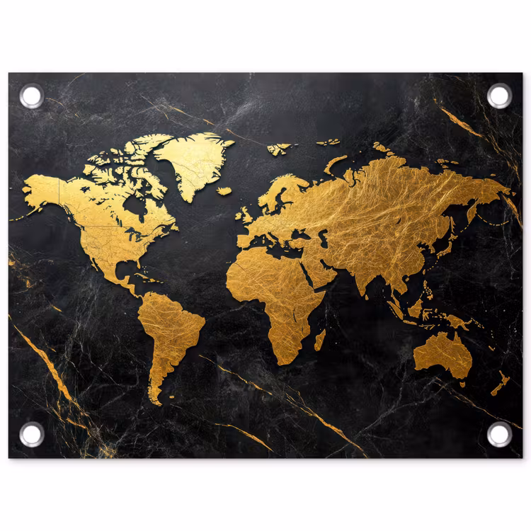 Wereldkaart - Goud - Marmer tuinposter los doek klein -3d