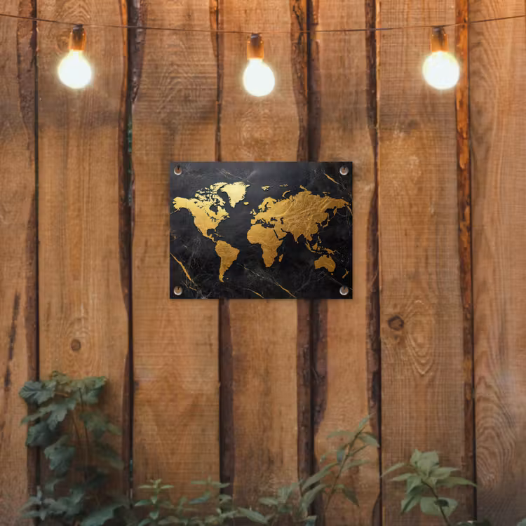 Wereldkaart - Goud - Marmer tuinposter los doek klein -sfeer1