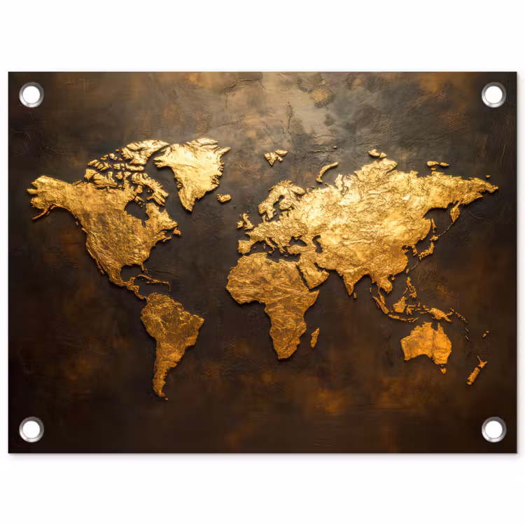 Wereldkaart - Goud - Roest tuinposter los doek klein -3d