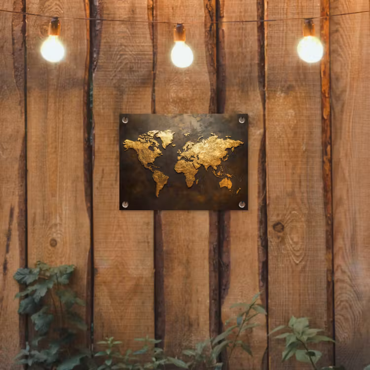 Wereldkaart - Goud - Roest tuinposter los doek klein -sfeer1