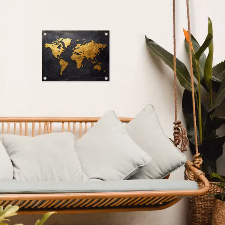 Wereldkaart - Goud - Steen tuinposter los doek klein -sfeer7