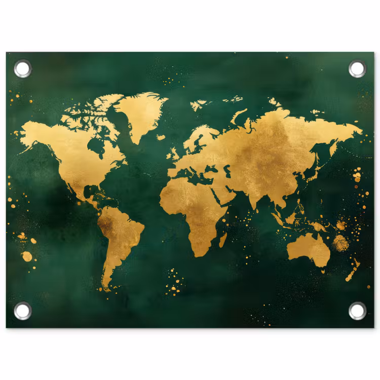 Wereldkaart - Groen - Goud tuinposter los doek klein -3d