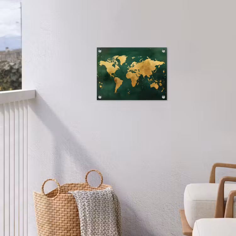 Wereldkaart - Groen - Goud tuinposter los doek klein -sfeer8