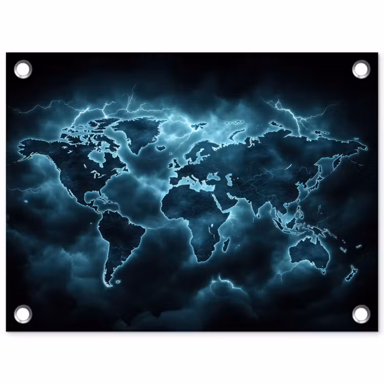 Wereldkaart - Bliksem - Blauw tuinposter los doek klein -3d
