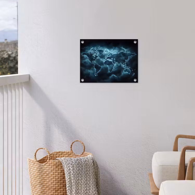 Wereldkaart - Bliksem - Blauw tuinposter los doek klein -sfeer8