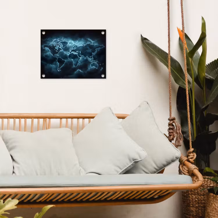 Wereldkaart - Bliksem - Blauw tuinposter los doek klein -sfeer7