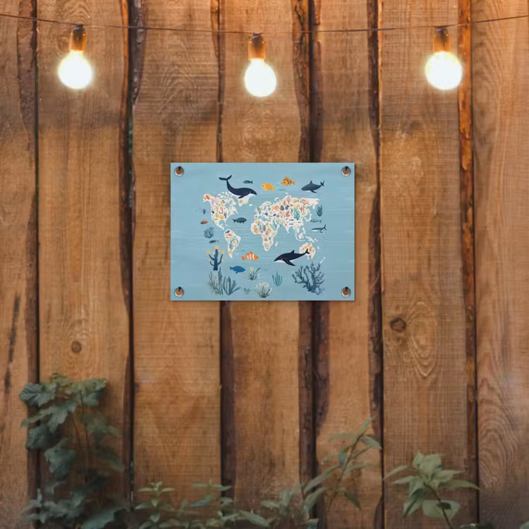 Wereldkaart - Zeeleven - Blauw tuinposter los doek klein -sfeer1