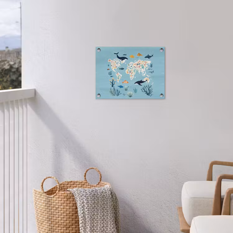 Wereldkaart - Zeeleven - Blauw tuinposter los doek klein -sfeer8