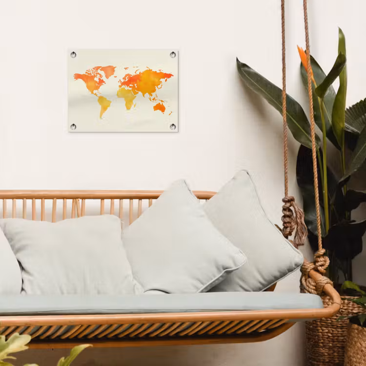 Wereldkaart - Oranje - Kleurrijk tuinposter los doek klein -sfeer7
