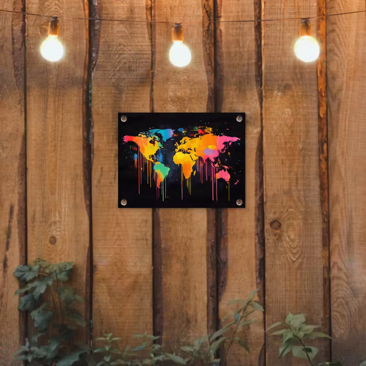 Wereldkaart - Verf - Kleurrijk - Graffiti - Wereld tuinposter los doek klein -sfeer1