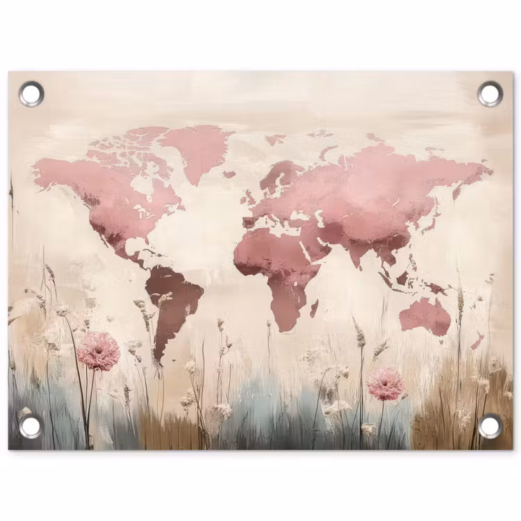 Wereldkaart - Roze - Bloemen tuinposter los doek klein -3d