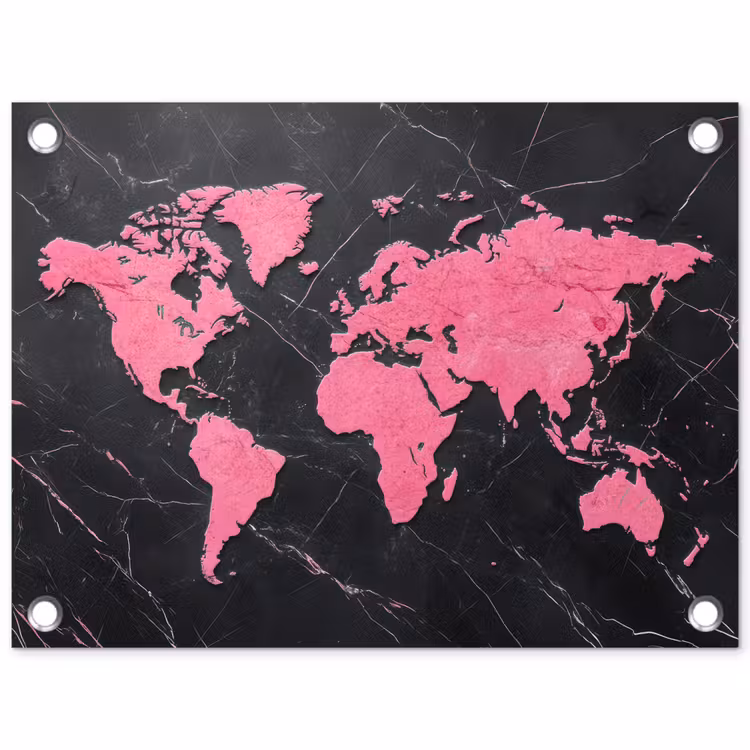 Wereldkaart - Roze - Marmer tuinposter los doek klein -3d