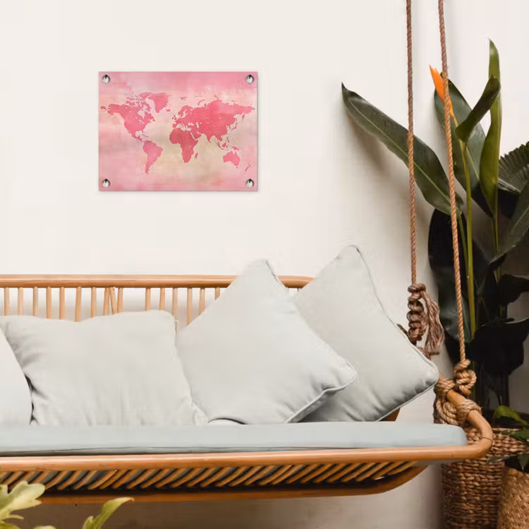 Wereldkaart - Roze - Vaag tuinposter los doek klein -sfeer7