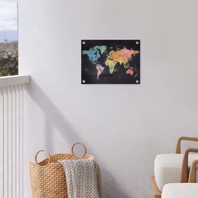 Wereldkaart - Krijtstrepen - Regenboog tuinposter los doek klein -sfeer8