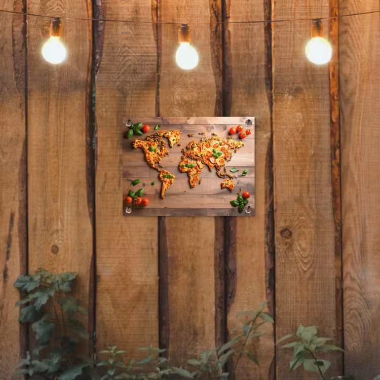 Wereldkaart - Pizza - Houten ondergrond tuinposter los doek klein -sfeer1