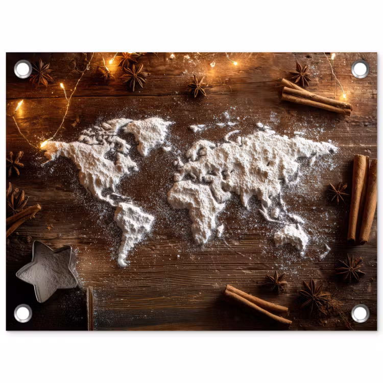 Wereldkaart - Poedersuiker - Hout tuinposter los doek klein -3d