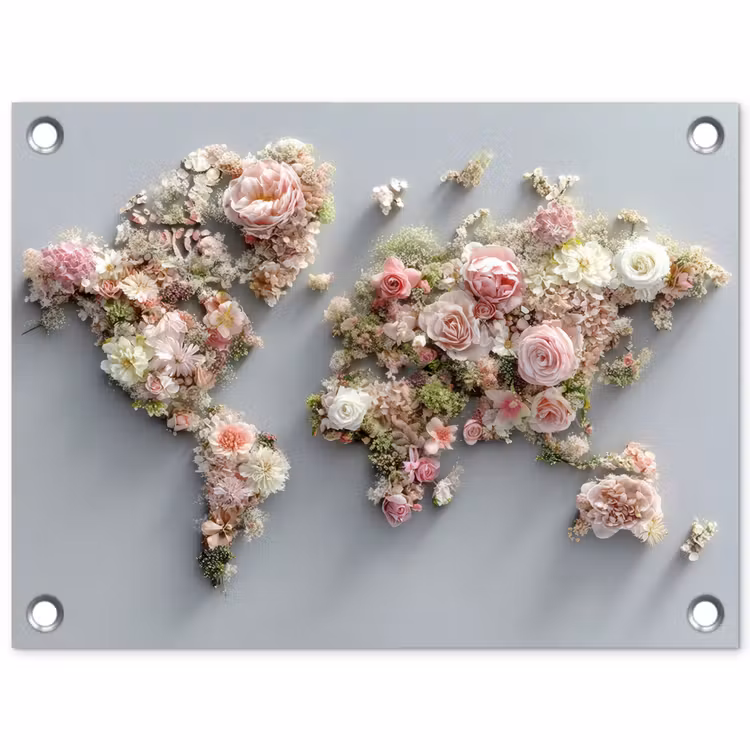 Wereldkaart - Rozen - Roze tuinposter los doek klein -3d