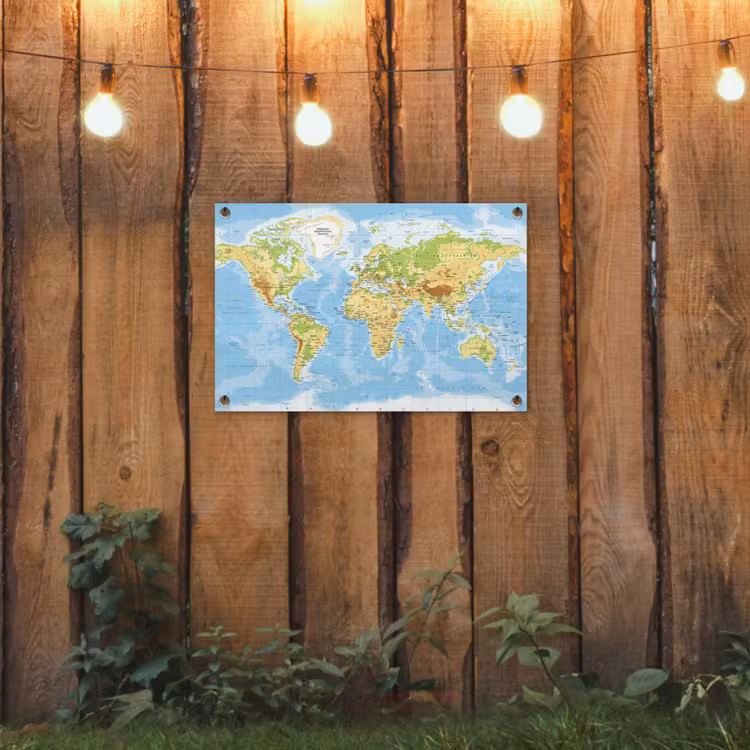 Wereldkaart - Staatkundig - Blauw - Aarde - Educatief tuinposter los doek klein -sfeer1