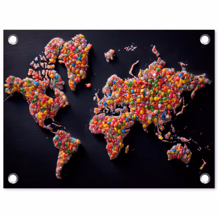 Wereldkaart - Snoepjes - Felle kleuren tuinposter los doek klein -3d