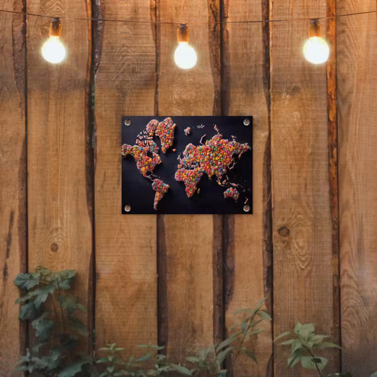 Wereldkaart - Snoepjes - Felle kleuren tuinposter los doek klein -sfeer1