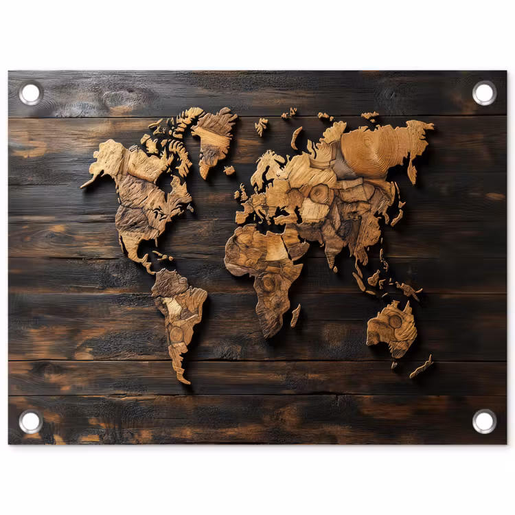 Wereldkaart -  Hout - Mozaïek tuinposter los doek klein -3d