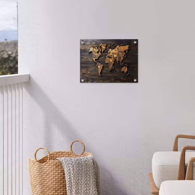 Wereldkaart -  Hout - Mozaïek tuinposter los doek klein -sfeer8
