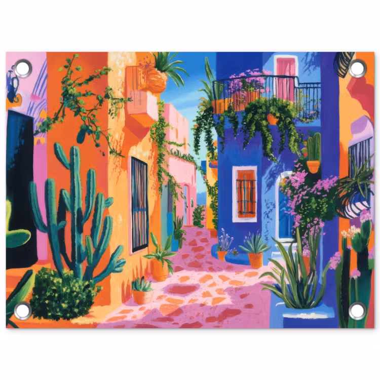 Geel - Blauw - Oranje - Huis tuinposter los doek klein -3d