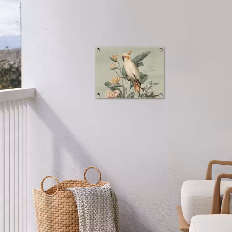 Gele kuifkaketoe - paradijsvogelbloemen - Groen tuinposter los doek klein -sfeer8