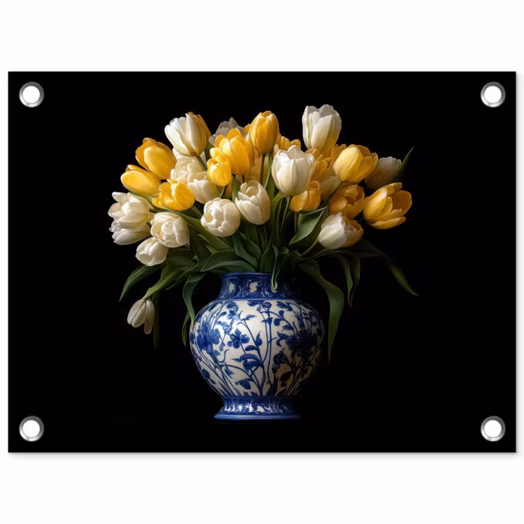 Geel - Tulpen - Vaas - Bloemen tuinposter los doek klein -3d