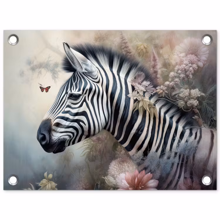 Zebra - Wilde dieren - Vlinder - Bloemen tuinposter los doek klein -3d
