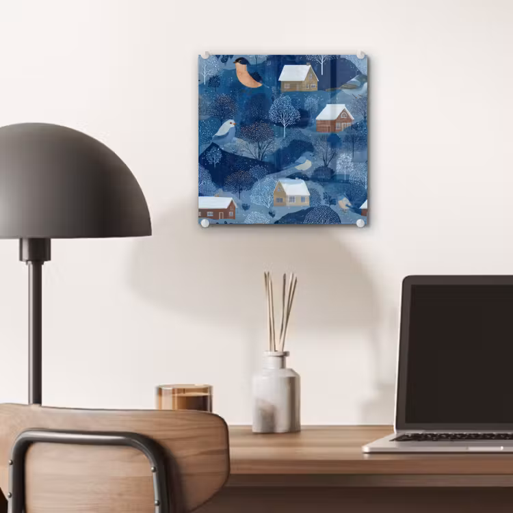 Huisjes - Vogels - Sneeuw - Winter - Blauw plexiglas 5mm klein 11 -sfeer6