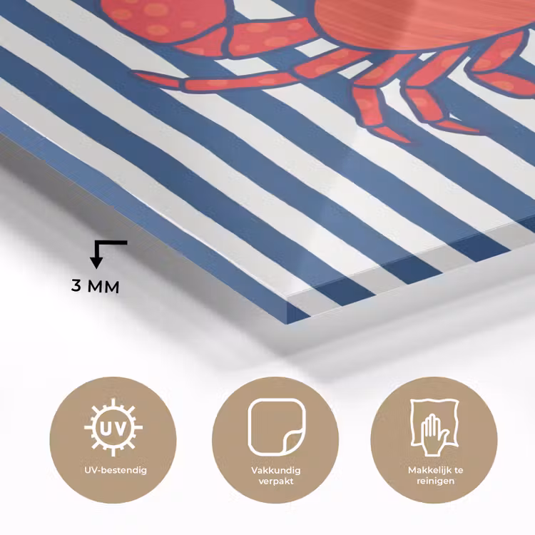 Krab - Strepen - Zeeleven - Illustratie - Rood plexiglas 5mm klein -sfeer2