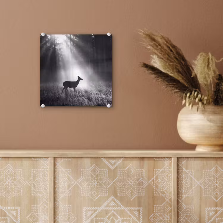 Hert - Bos - Zonnestralen - Zwart-wit - Natuur plexiglas 5mm klein -sfeer5