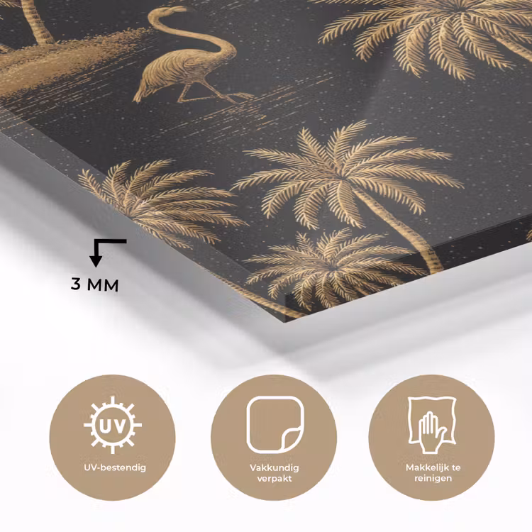 Flamingo - Palmbomen - Tropisch - Goud - Zwart plexiglas 5mm klein 11 -sfeer2