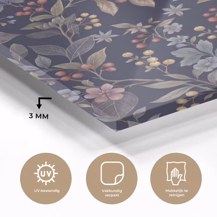 Bloemen - Bladeren - Patroon - Botanisch - Donkerblauw plexiglas 5mm klein -sfeer2