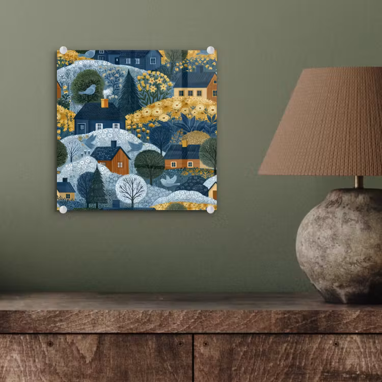 Huisjes - Bloemen - Patroon - Geel - Blauw plexiglas 5mm klein 11 -sfeer3