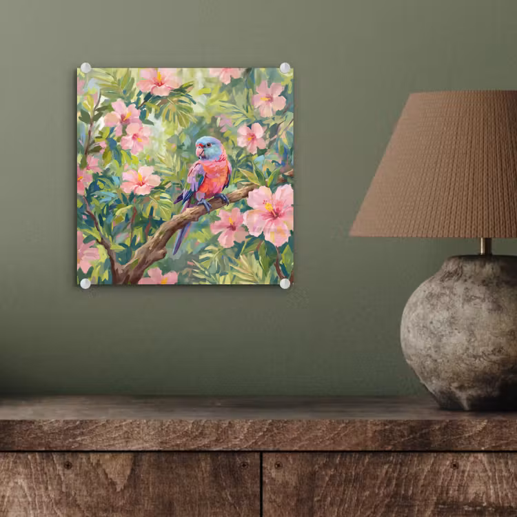 Papagaai - Hibiscusbloemen - Kleurrijk plexiglas 5mm klein -sfeer3